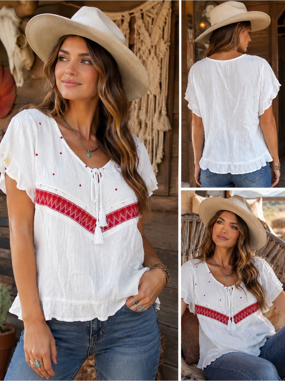 L Love White Boho Peasant Blouse Red Embroidered Tie Front Top Small